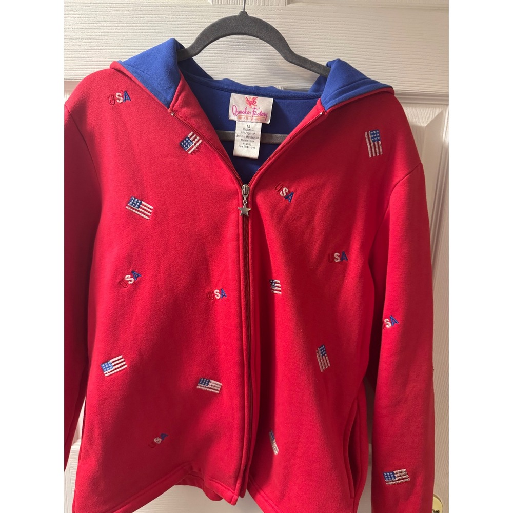 Quaker Factory Red USA Flag Embroidered Hoodie Zip Up Jacket Women's M